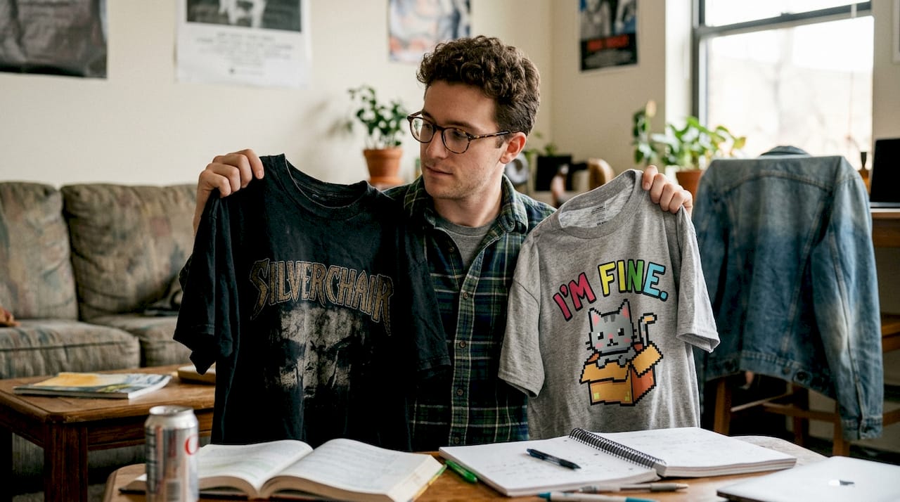 Person comparing graphic t-shirt styles at home