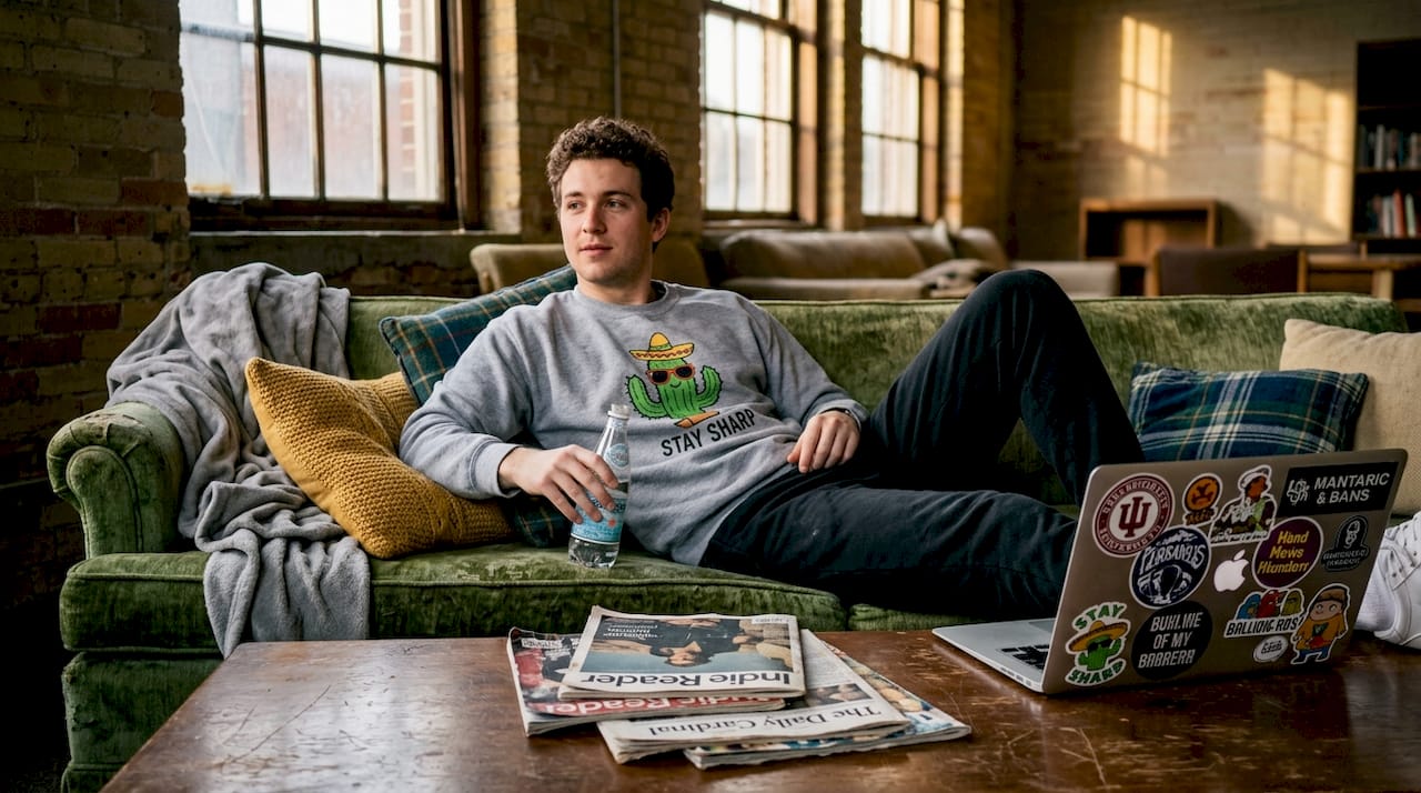 Man in humorous graphic sweatshirt student lounge