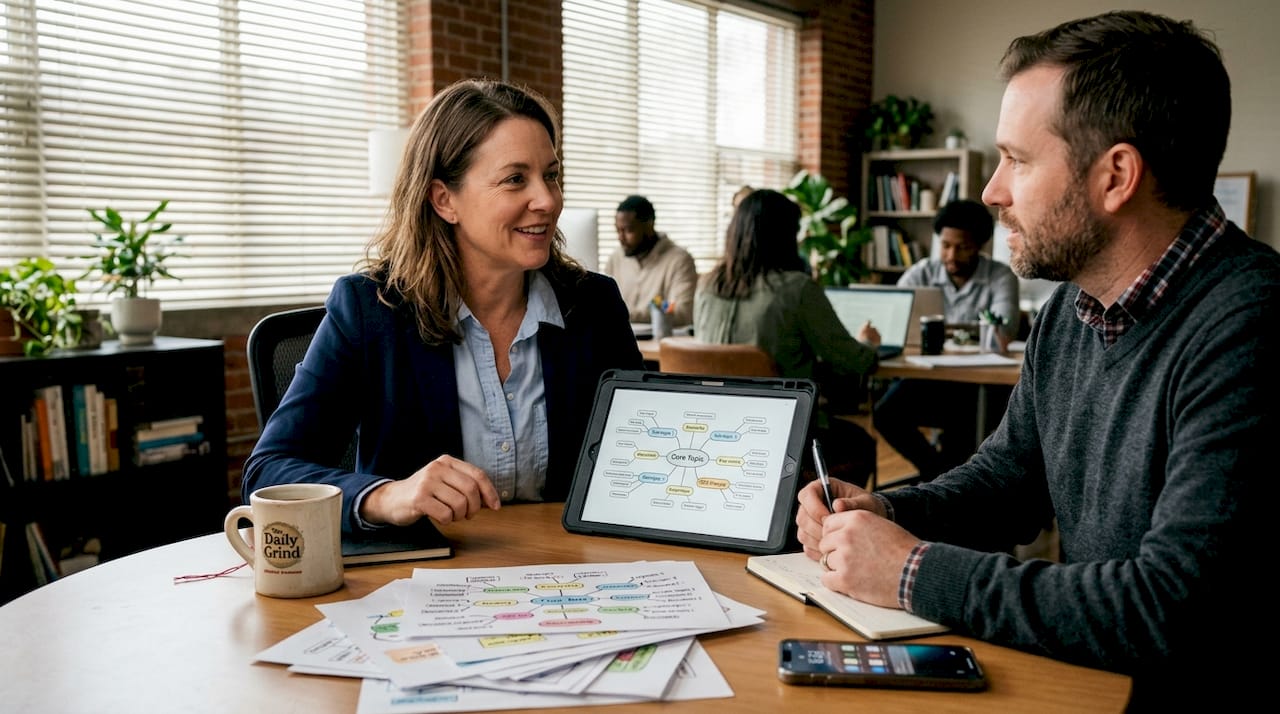 Manager and colleague discussing content cluster map