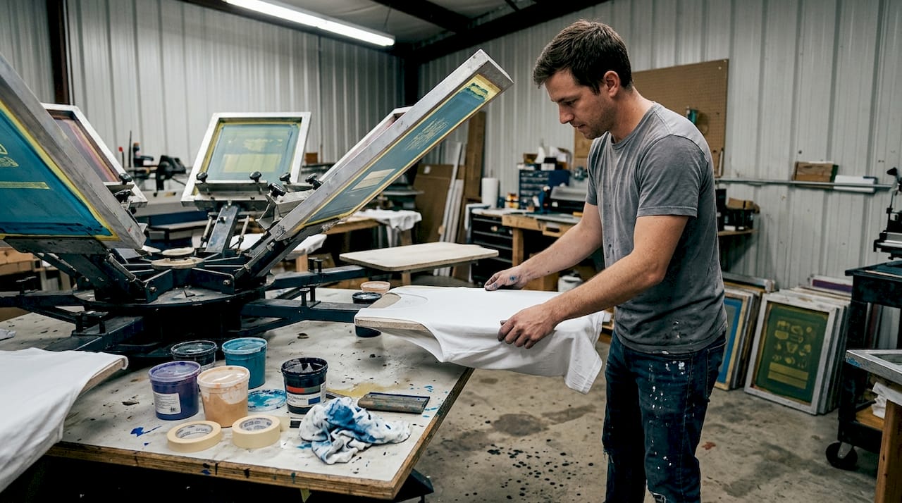 Technician preparing tank top for printing