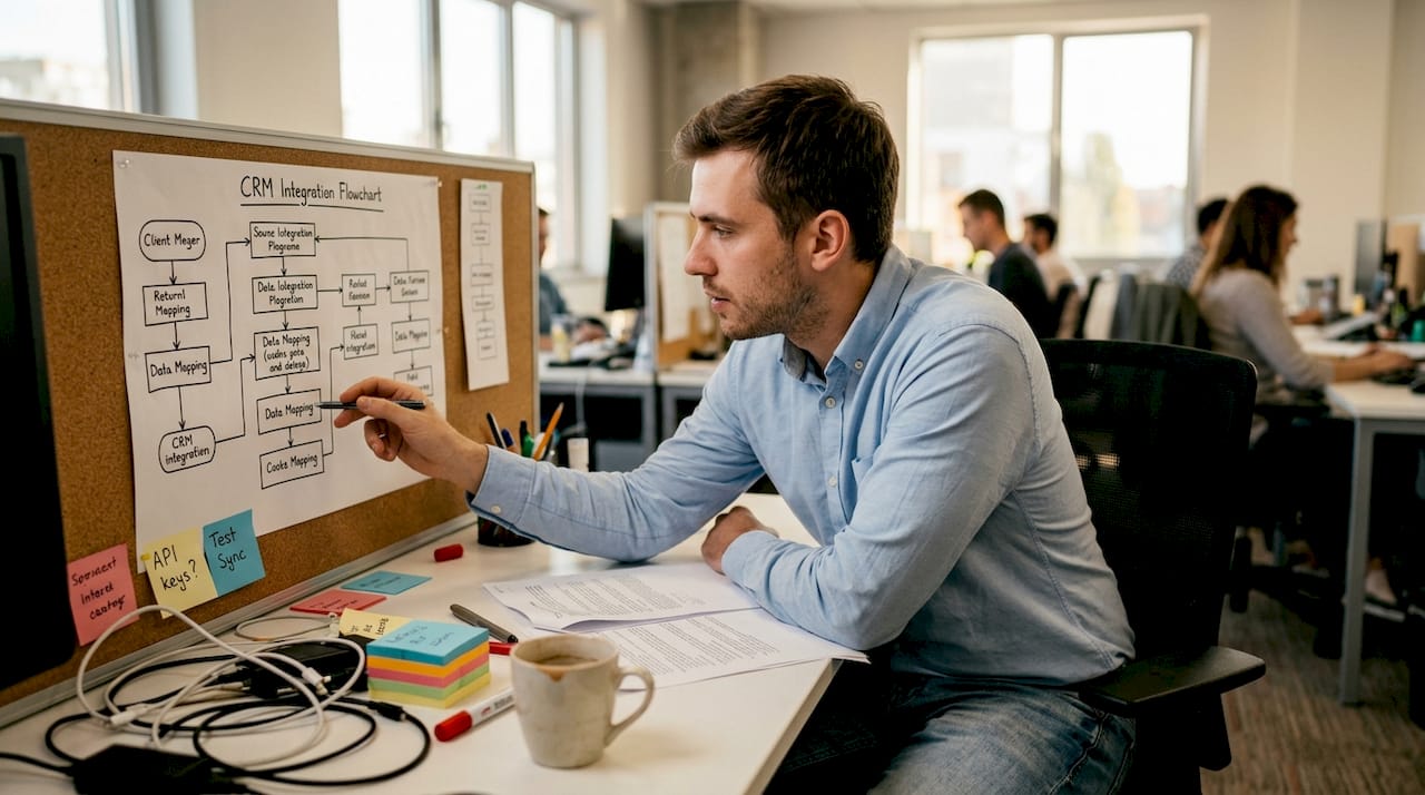Engineer reviewing CRM integration diagram