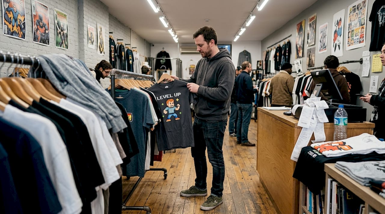 Man shopping for nerdy graphic t-shirts in store
