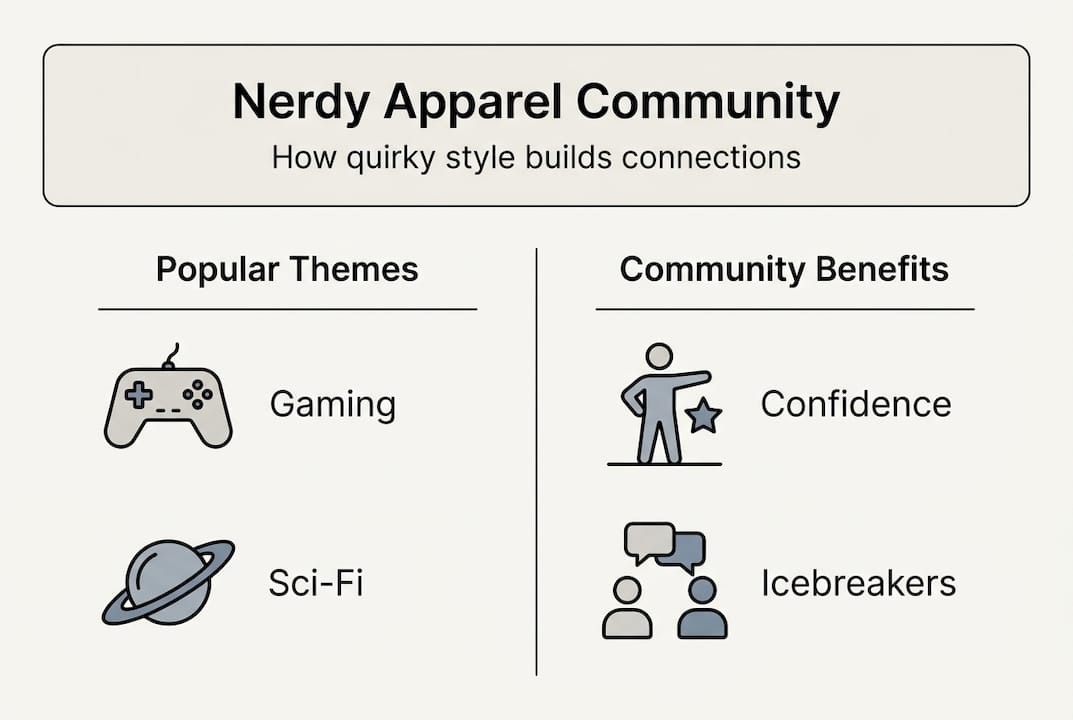Infographic showing nerdy apparel themes and community benefits