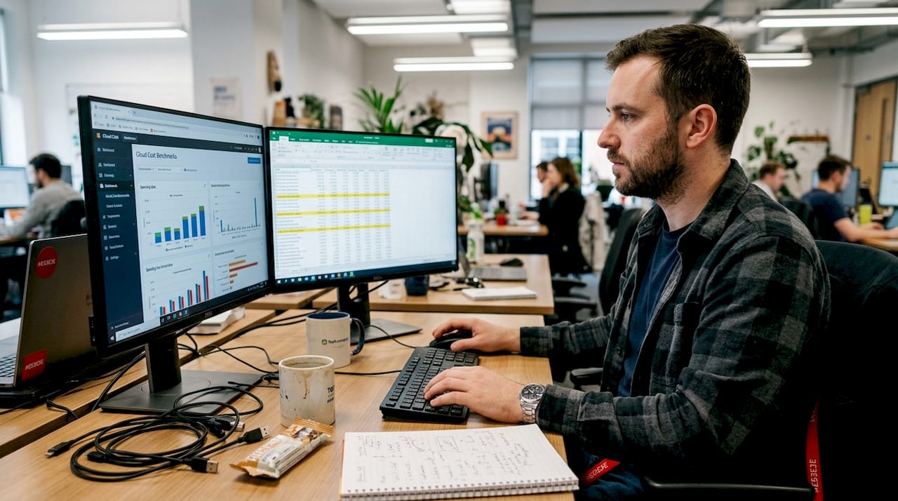 Engineer analyzing cloud cost metrics at desk