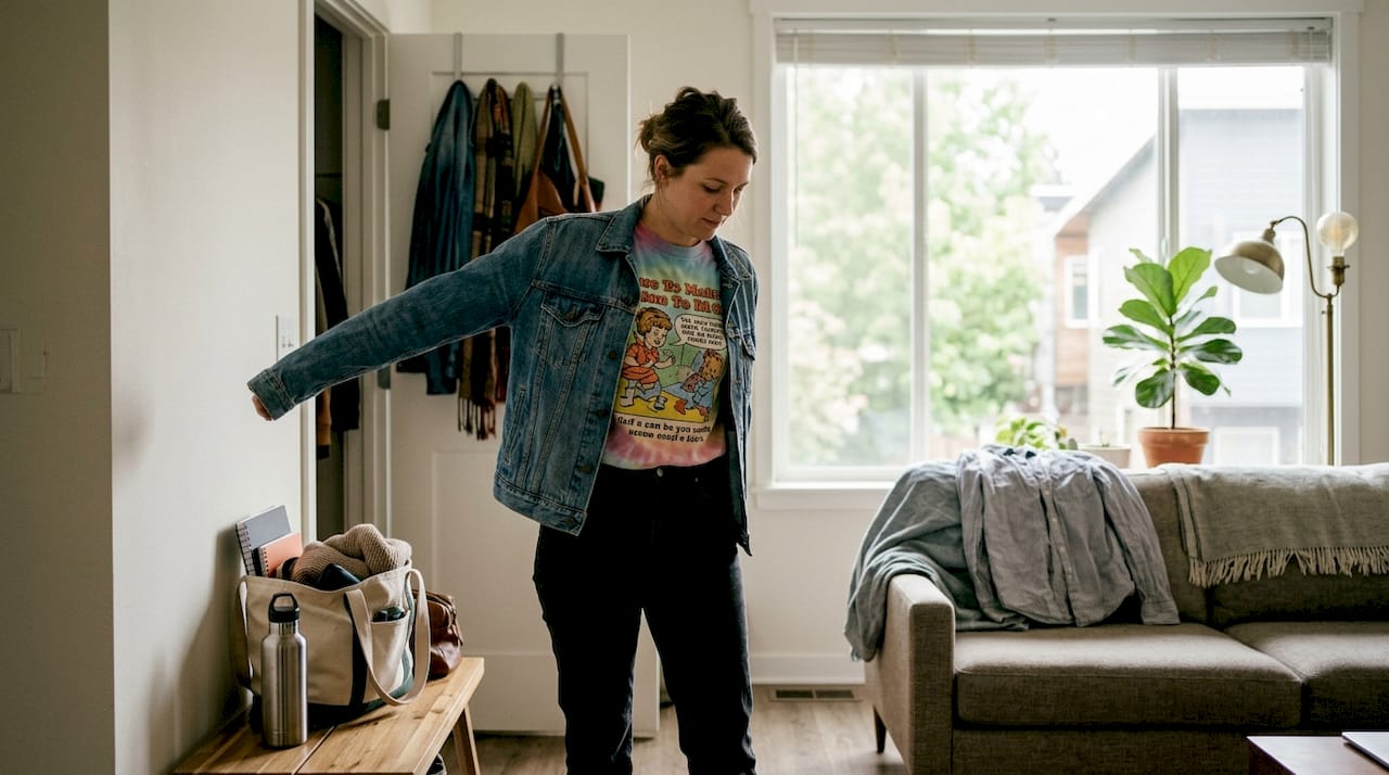 Woman layering denim jacket over humorous tee
