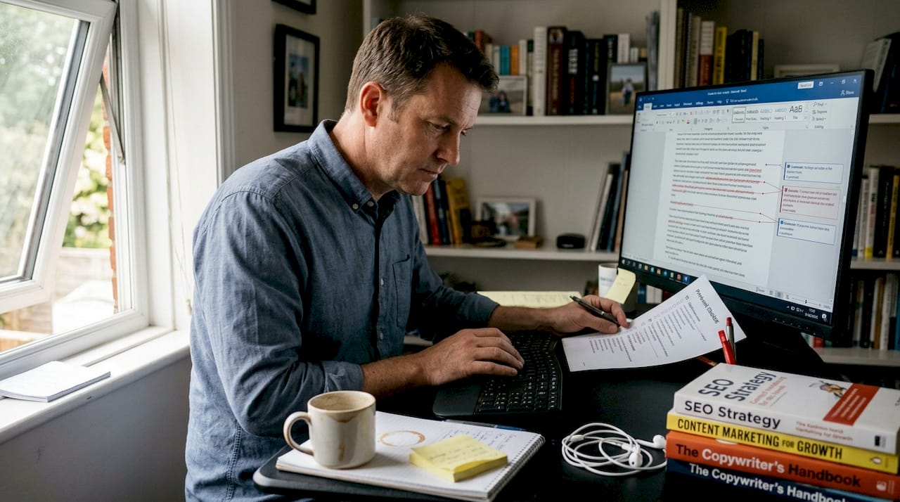 Writer checking content quality checklist at desk