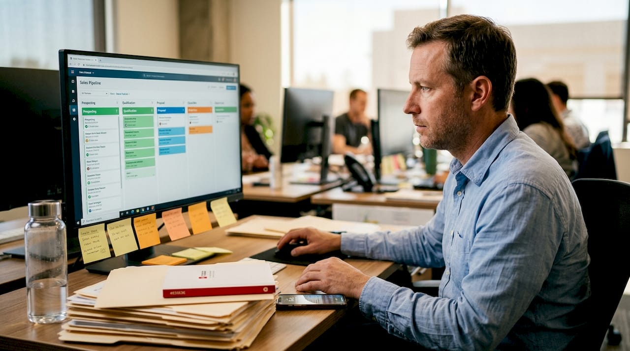 Sales manager reviewing CRM pipeline stages