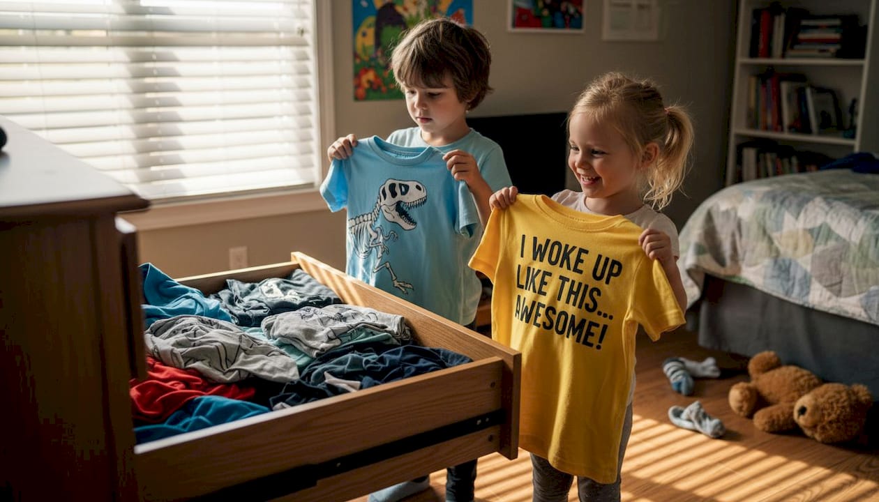 Children choosing graphic t-shirts in bedroom