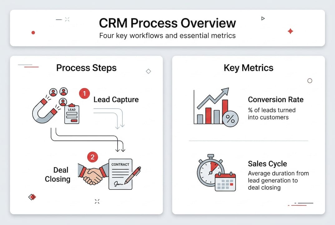 Infographic diagram with CRM process steps and metrics