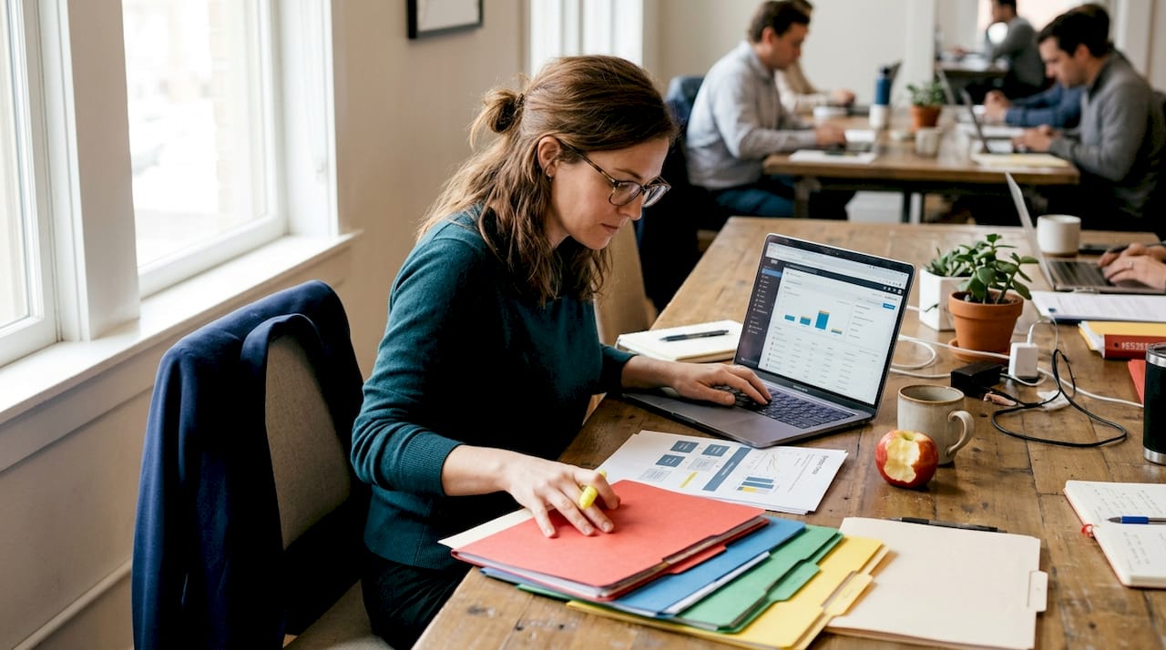 Manager organizing CRM process files at workspace