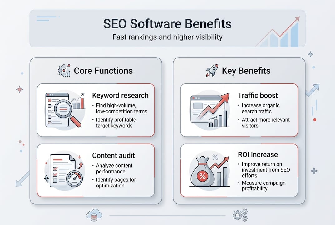 Infographic core functions and benefits of SEO software