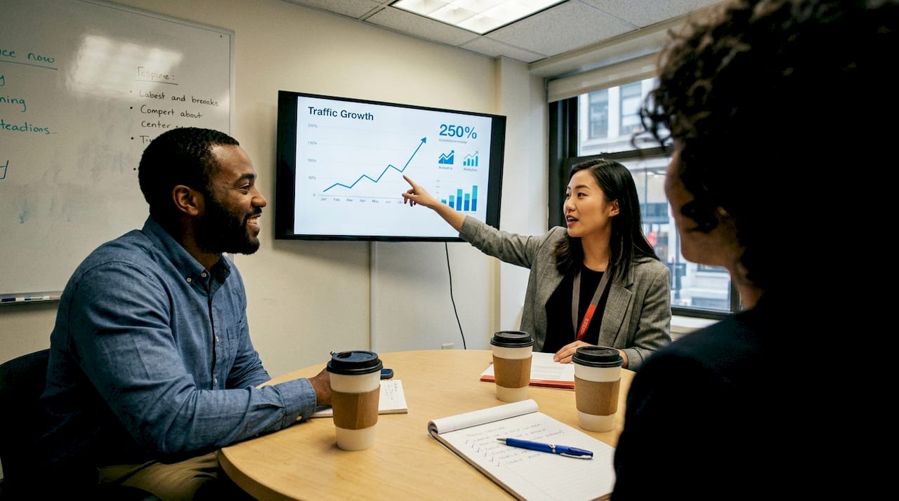 Team discusses SEO analytics and growth results