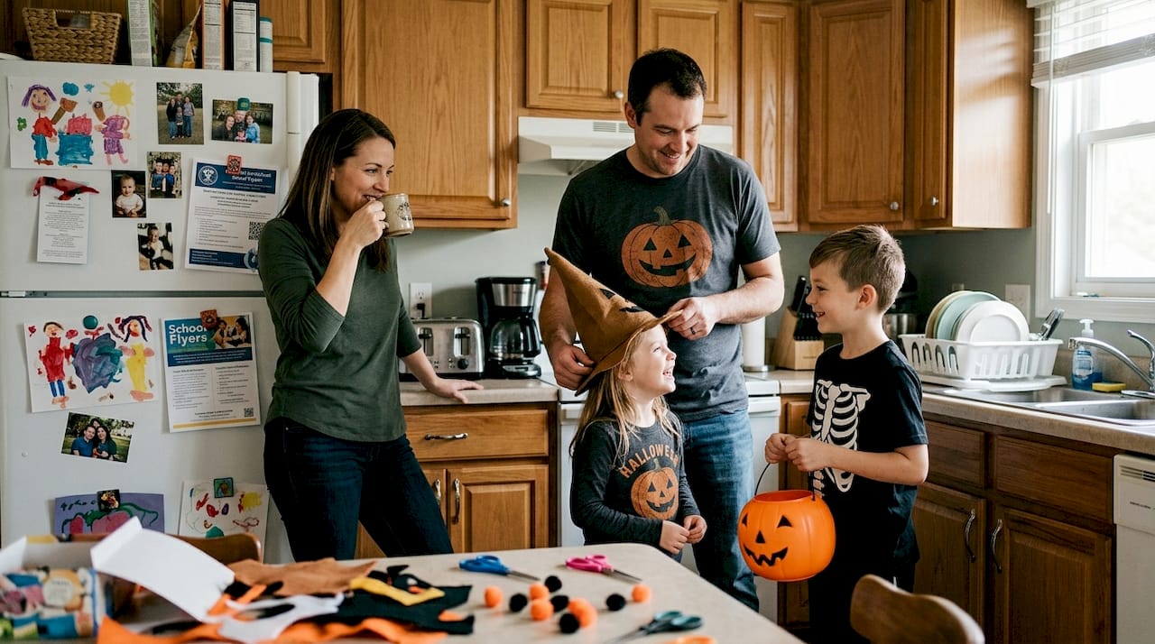 Family in matching Halloween shirts in kitchen
