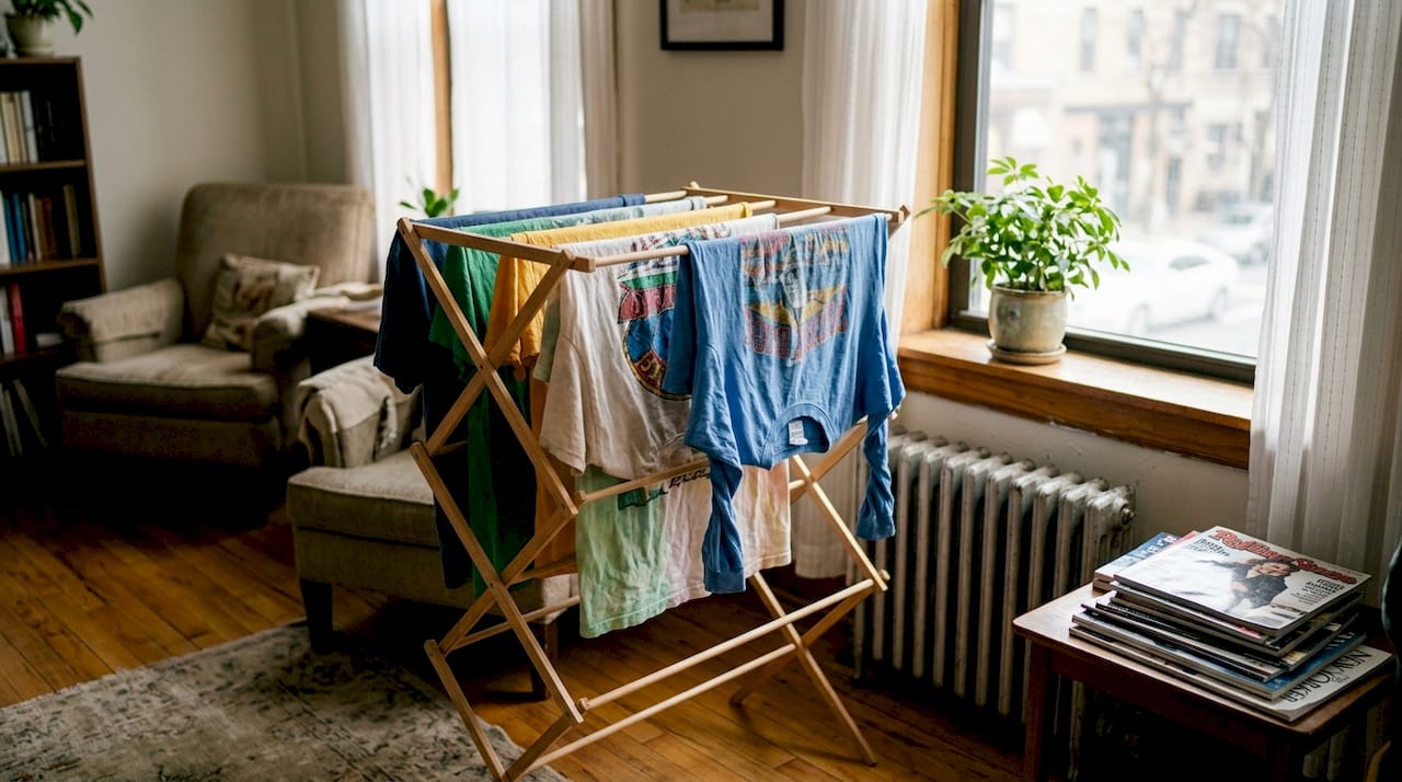 Graphic t-shirts air drying near window