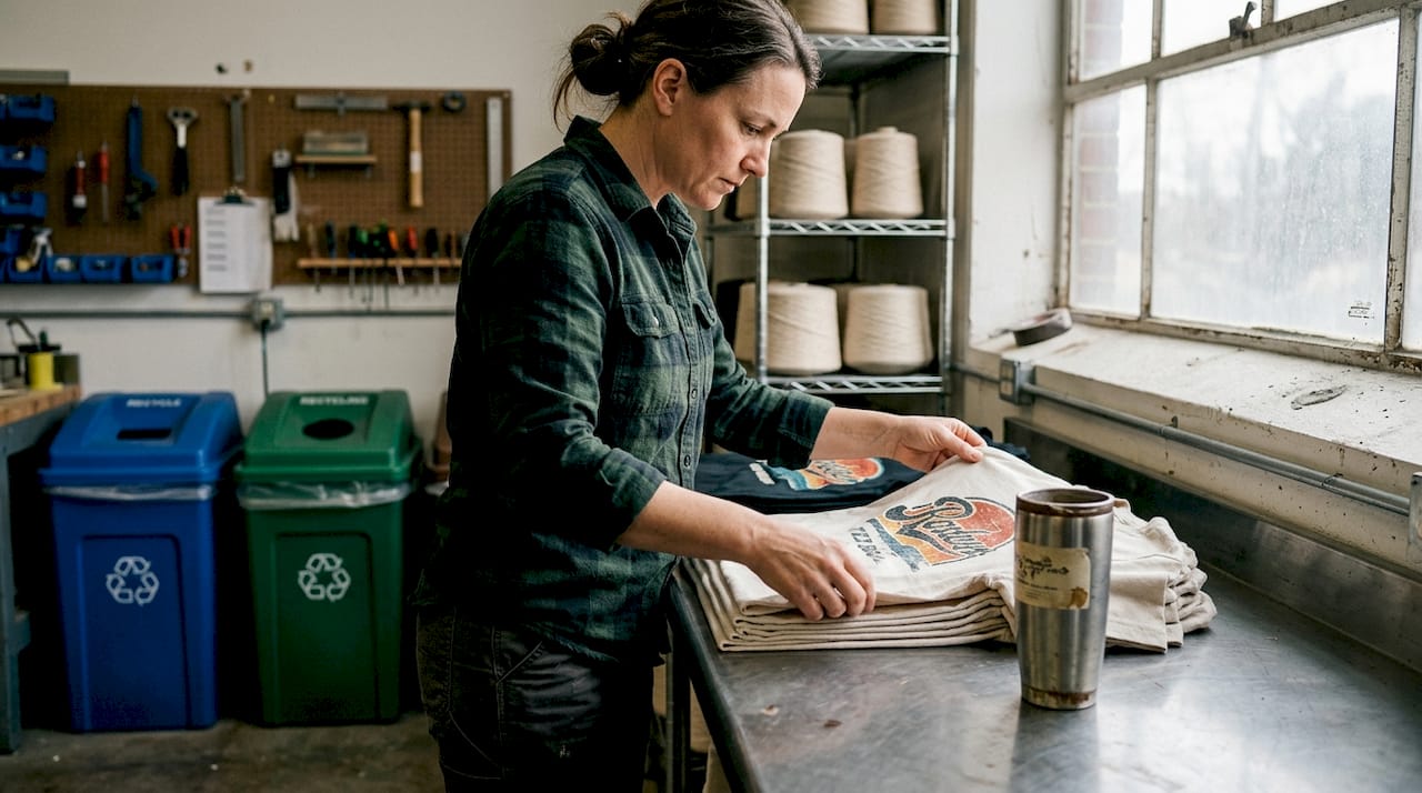 Technician inspects graphic tees in print facility