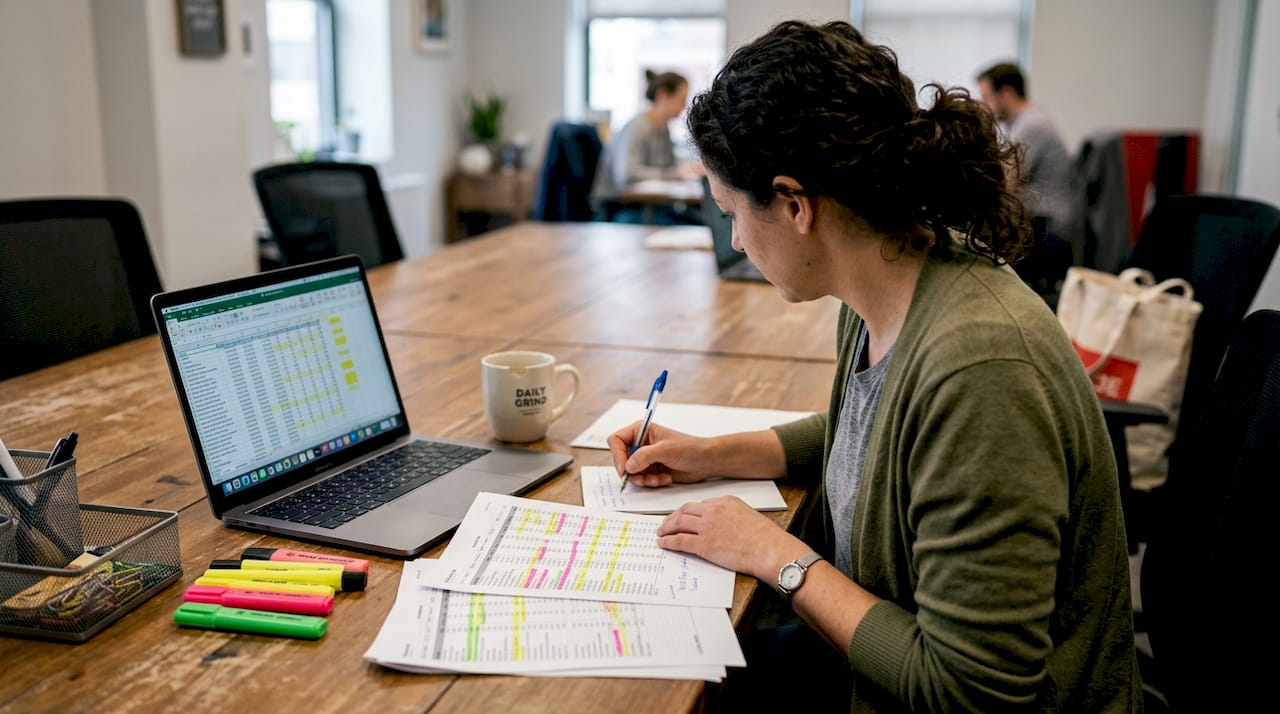 Analyst checking spreadsheet printout for data quality