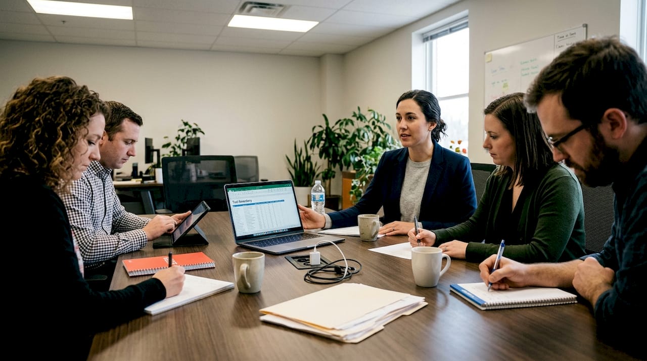 Team reviewing tool inventory during meeting