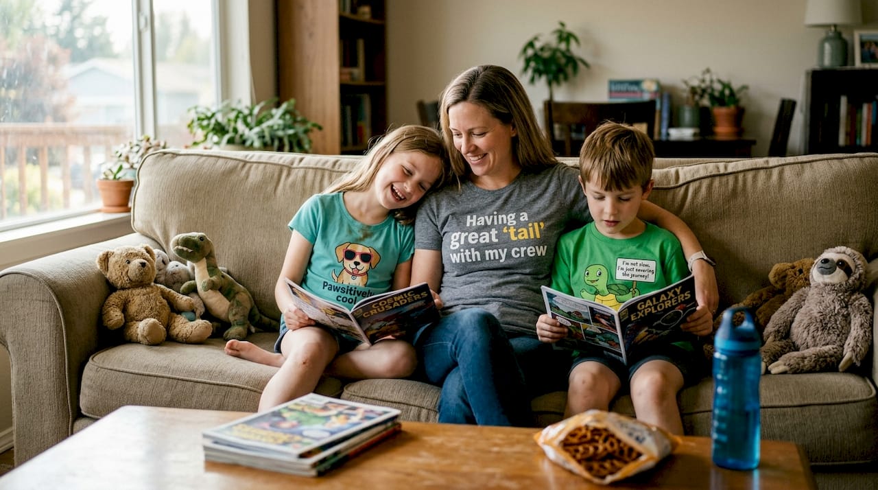 Kids and parent in animal joke shirts