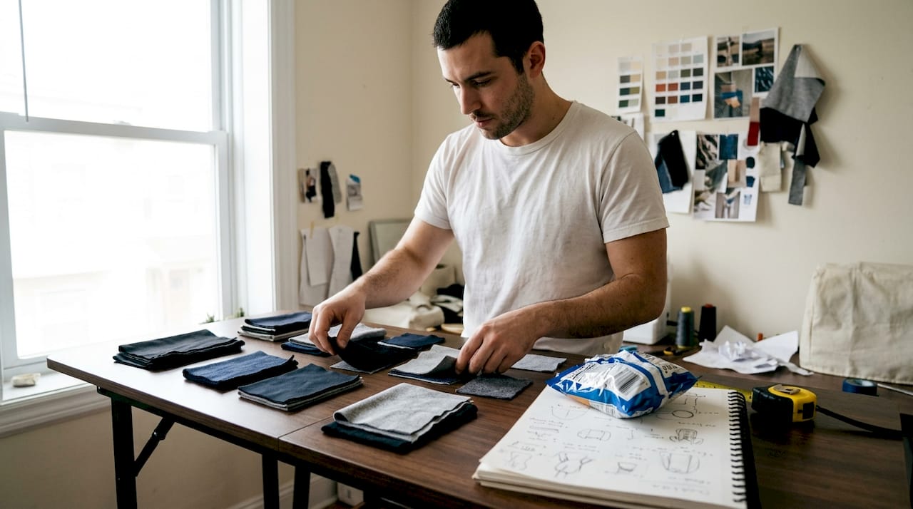 Man sorting t-shirt color swatches home studio