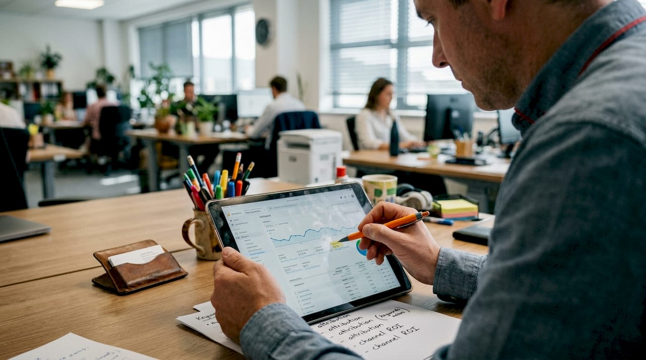 Analyst reviewing marketing data on tablet