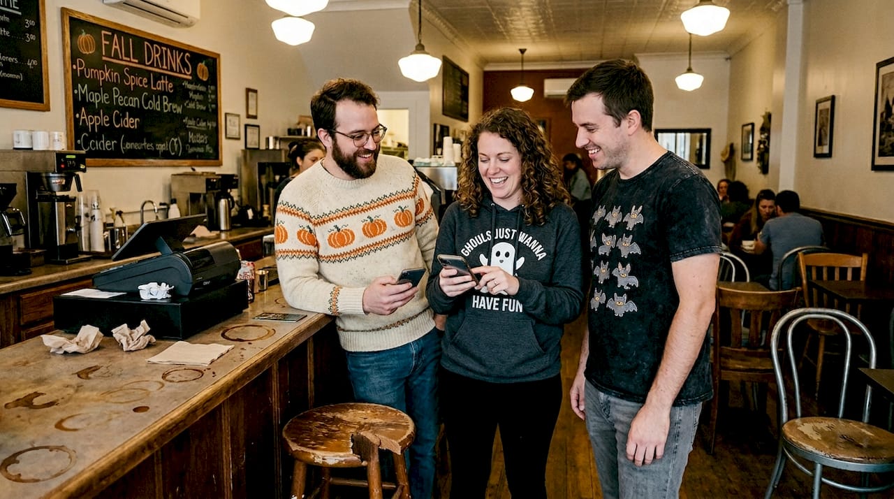 Group chatting in fall-themed café attire