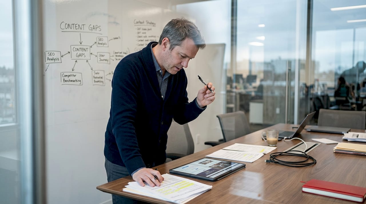 Marketing manager analyzing competitor content research