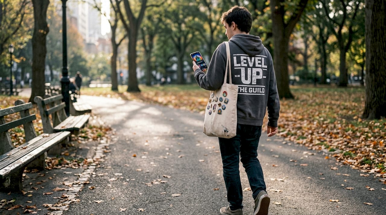 Student in nerdy hoodie walking in park