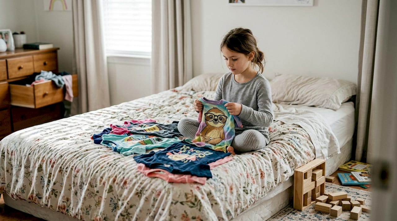 Girl picking graphic tee in messy bedroom