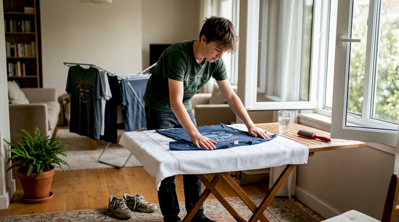 Boy air dries graphic t-shirt on towel