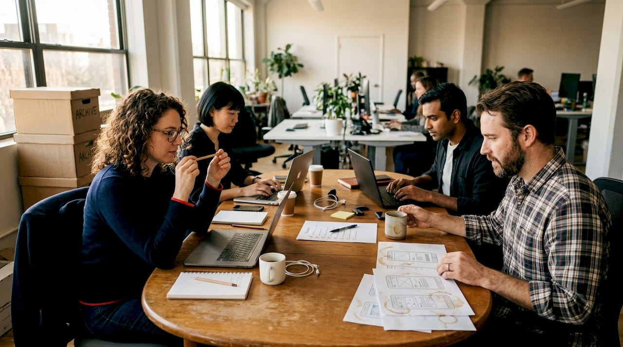 Team collaborating in open-plan workspace
