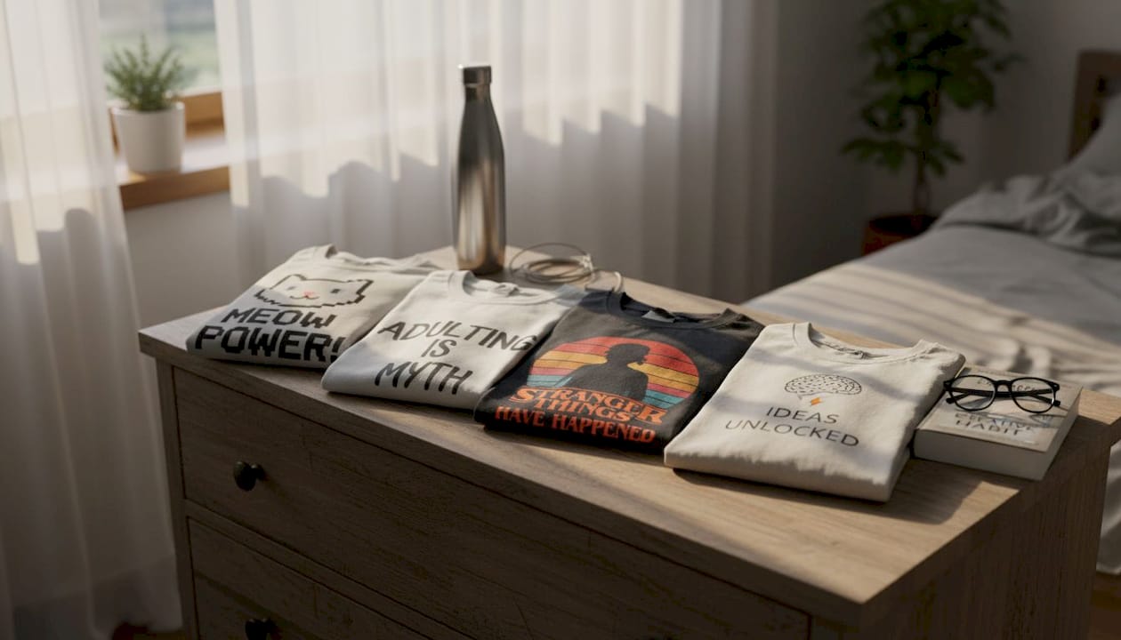 Folded novelty shirts in real bedroom setting