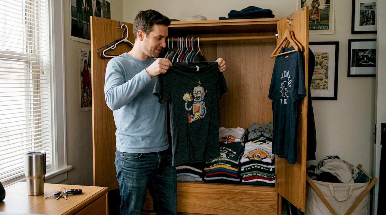 Man deciding on graphic tee in bedroom