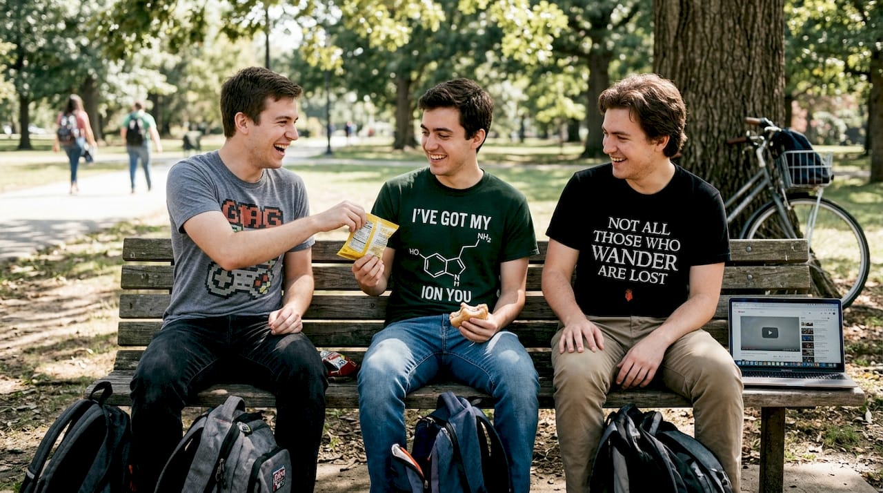 Friends wearing nerdy tees at park