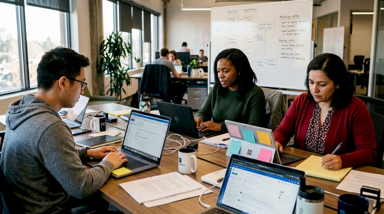 SaaS team automating workflow at long table