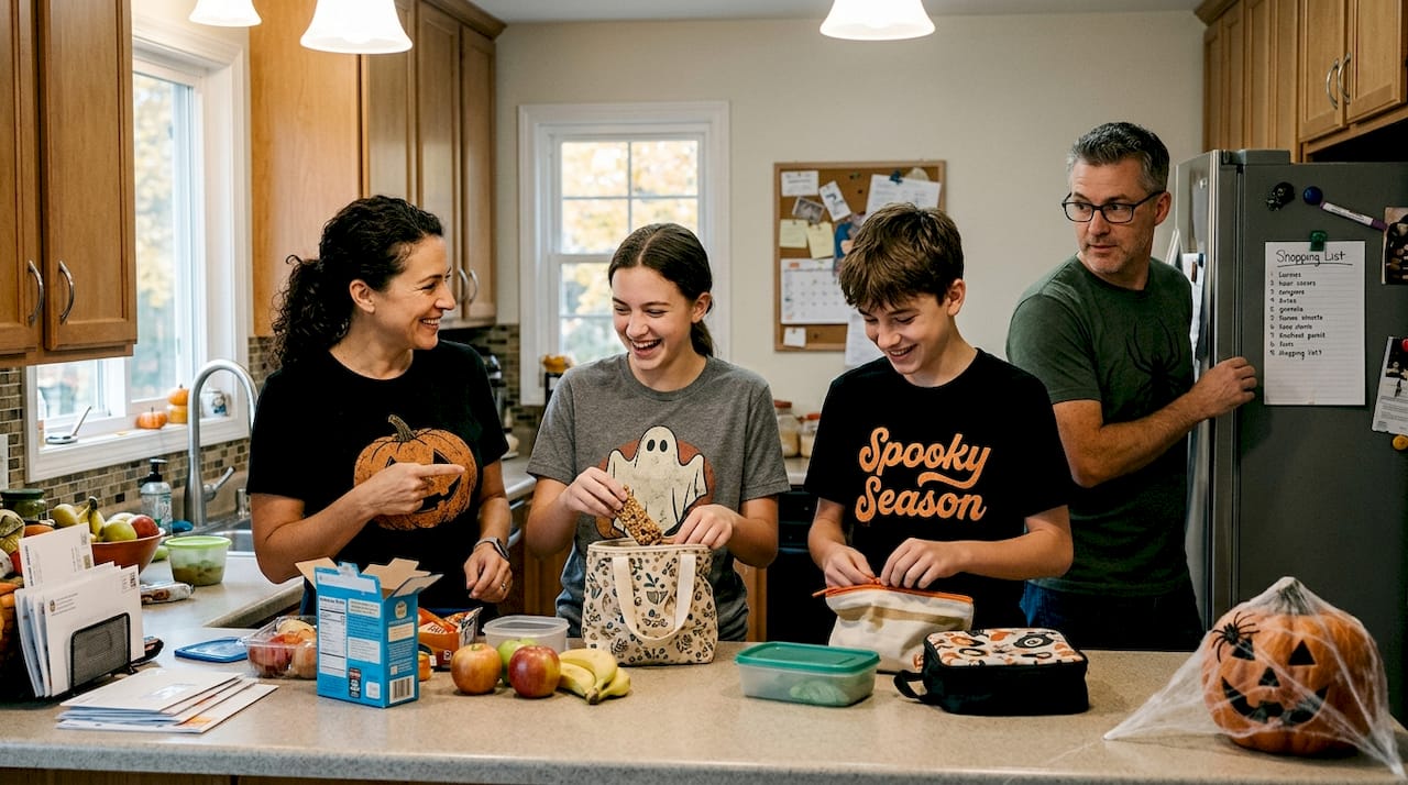 Family wearing Halloween shirts in kitchen prepping snacks