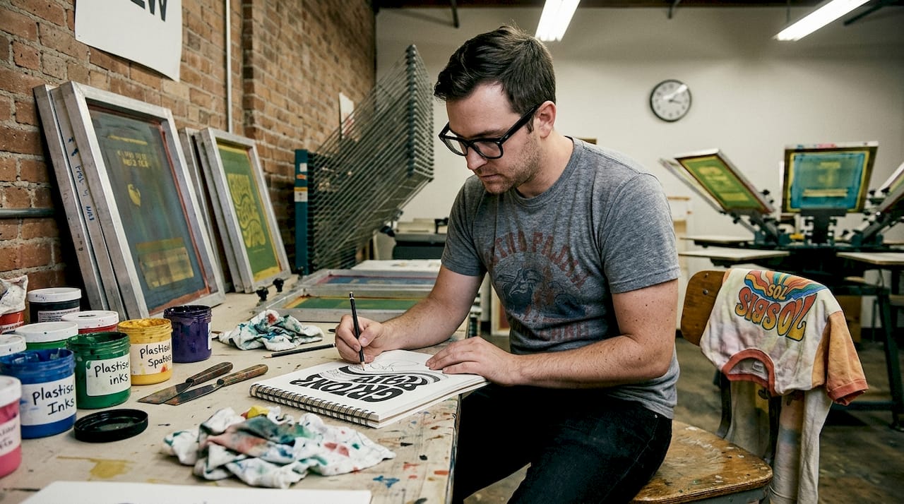 Designer sketching graphic tee concept in studio