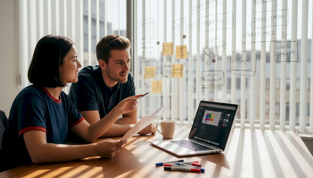 Colleagues review design wireframes in meeting