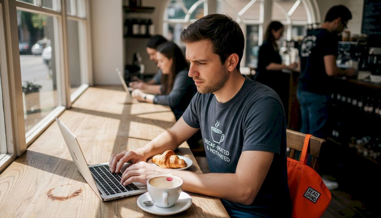 Man in graphic tee working at café table