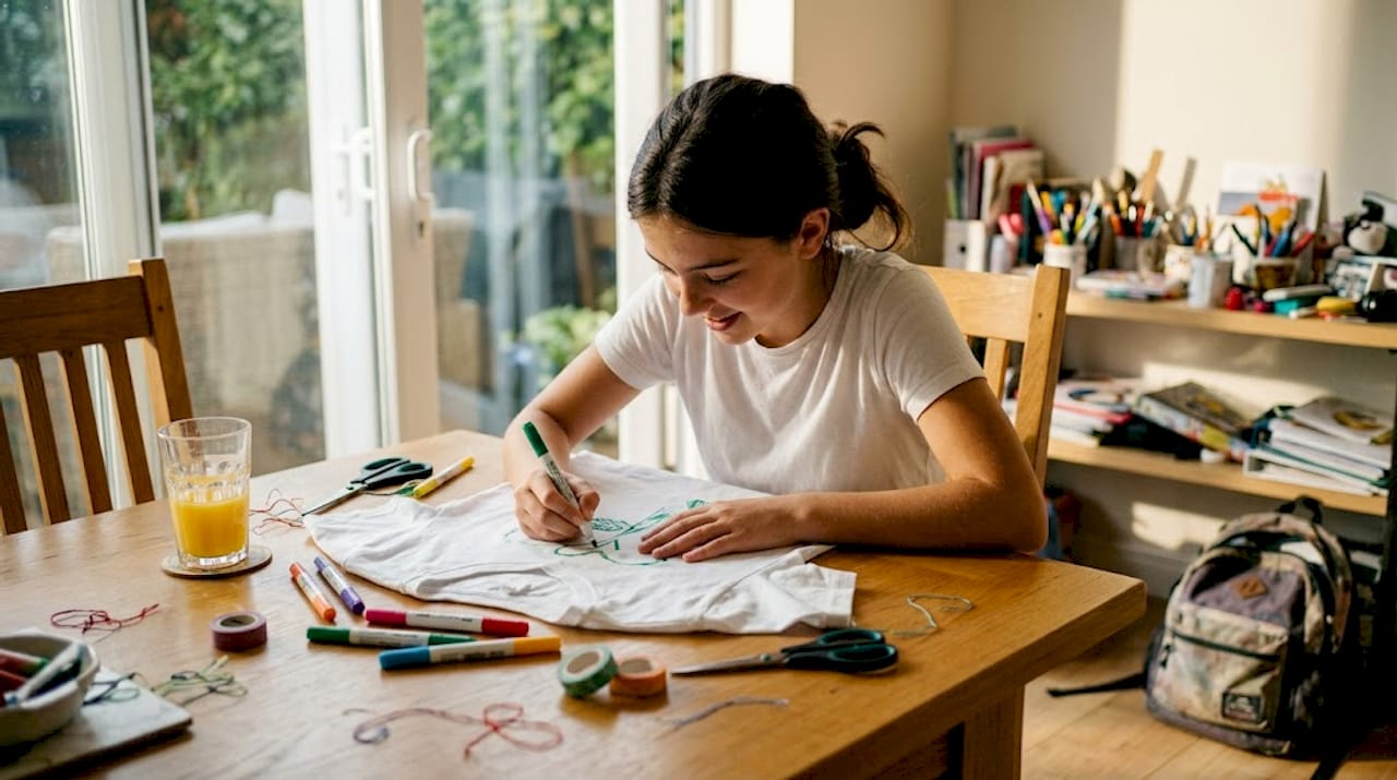 Teen customizes shirt with art supplies at table