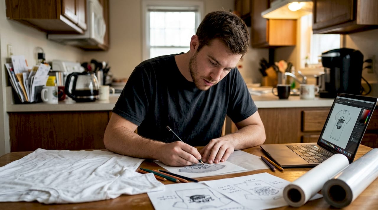 Person working on t-shirt transfer at kitchen table