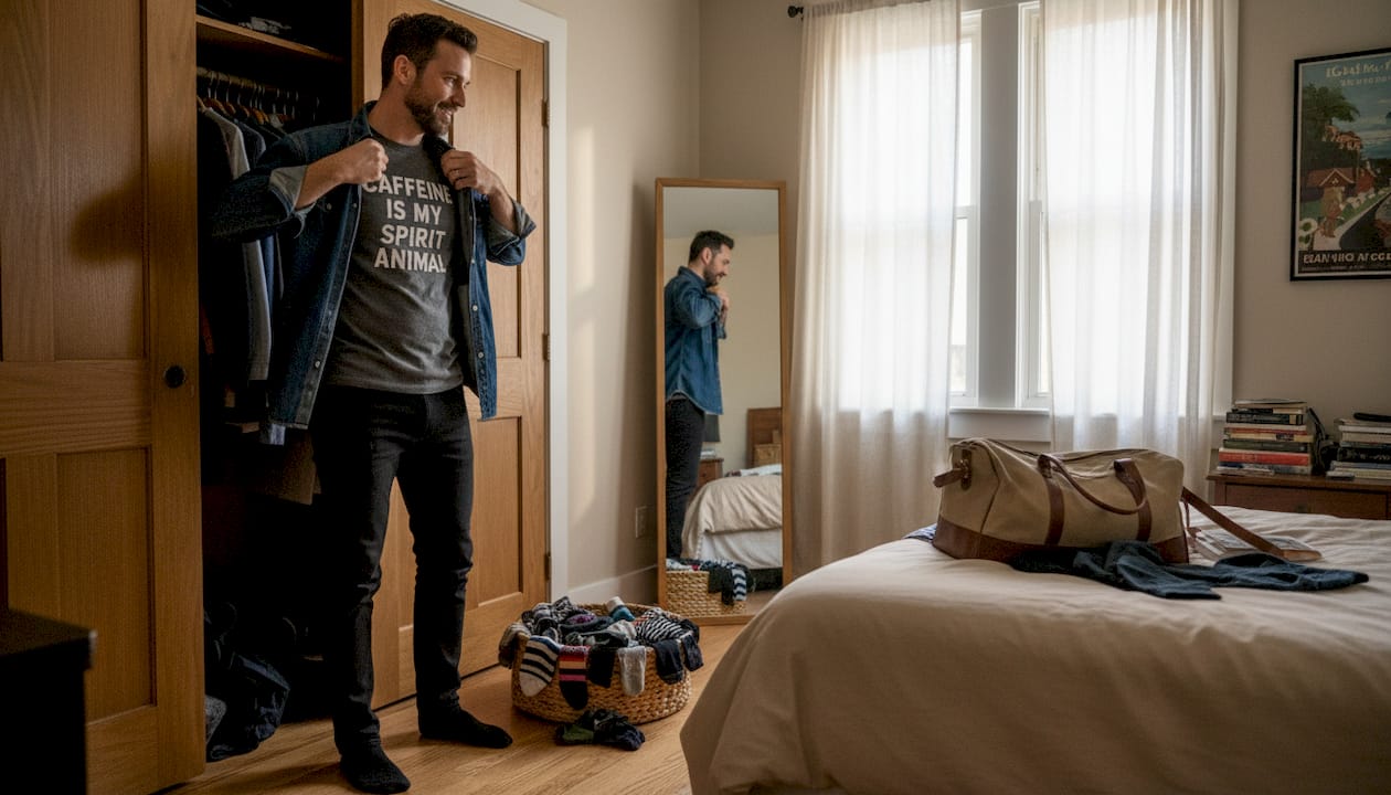 Man styling an ironic humor t-shirt