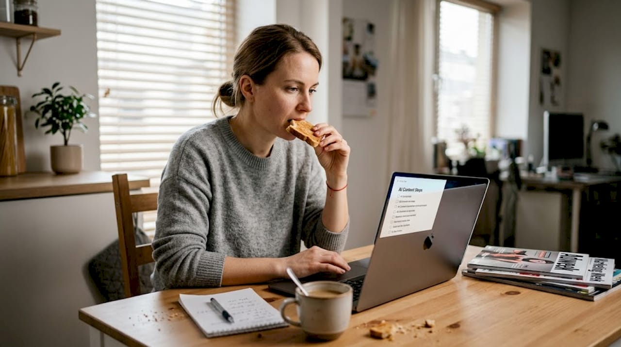 Content manager using AI checklist at kitchen table