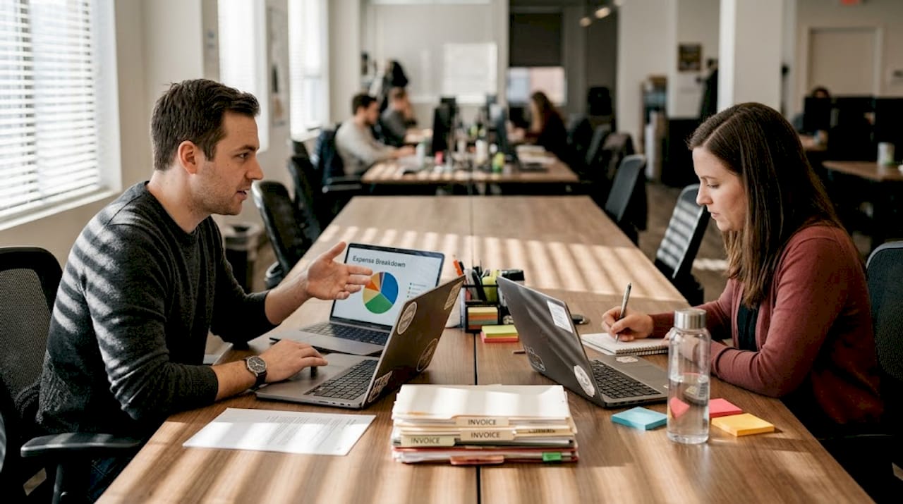 Colleagues discussing BI-driven cost reductions