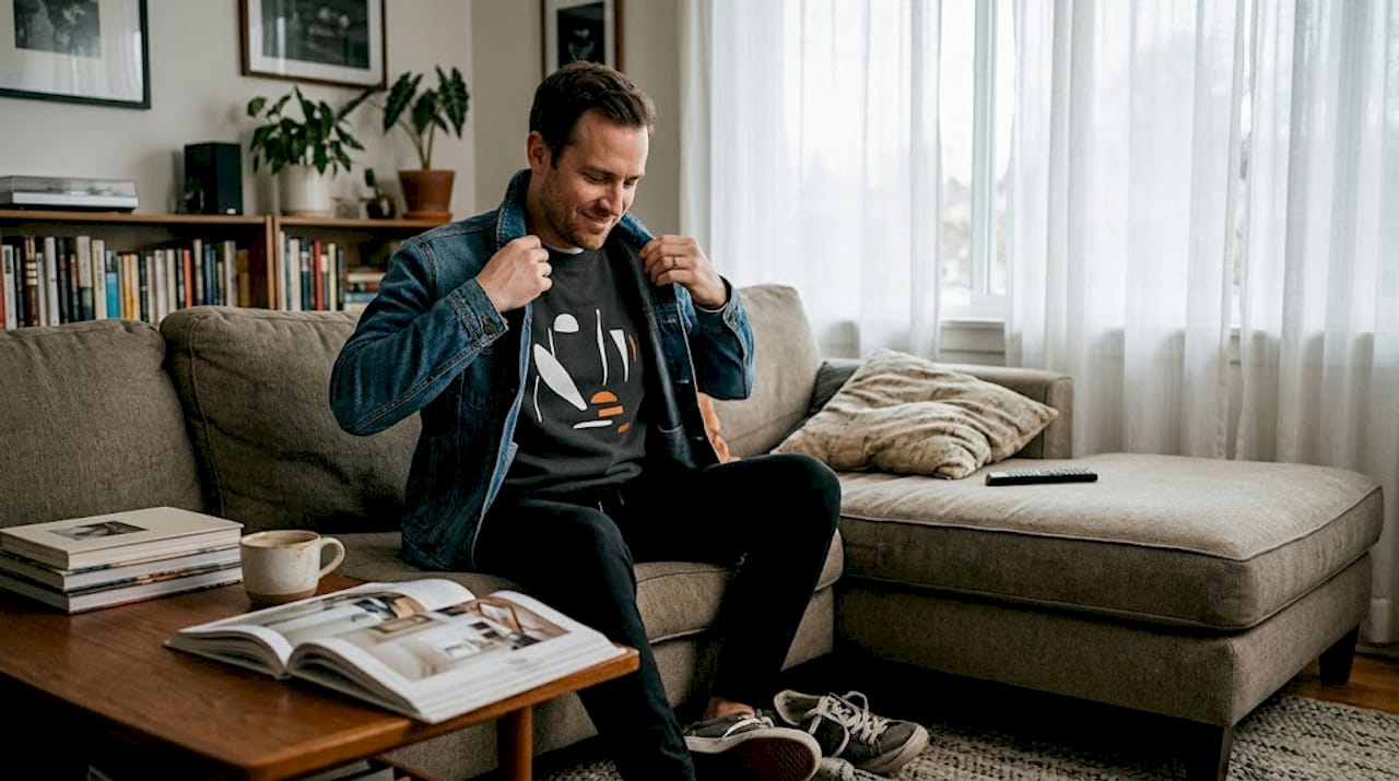 Man adjusting layered outfit on couch