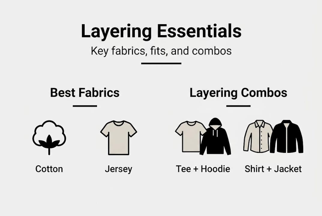 Layering essentials infographic with fabrics and combos