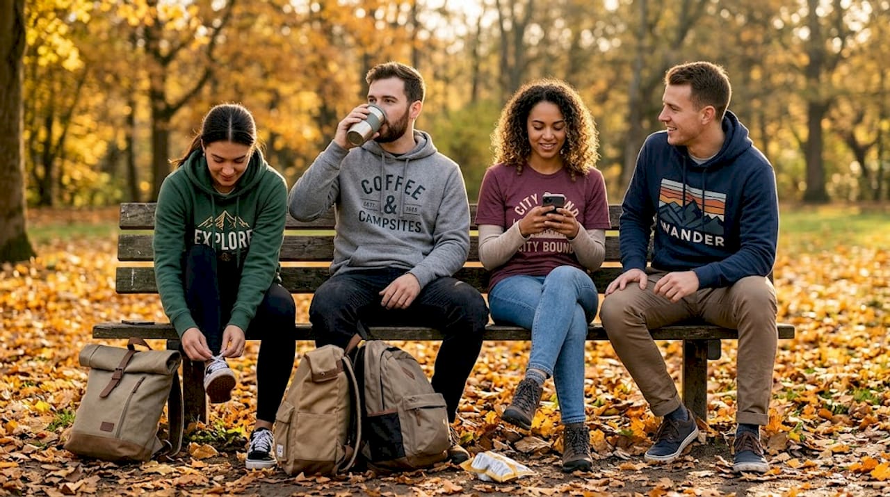 Young friends wearing seasonal event shirts outdoors