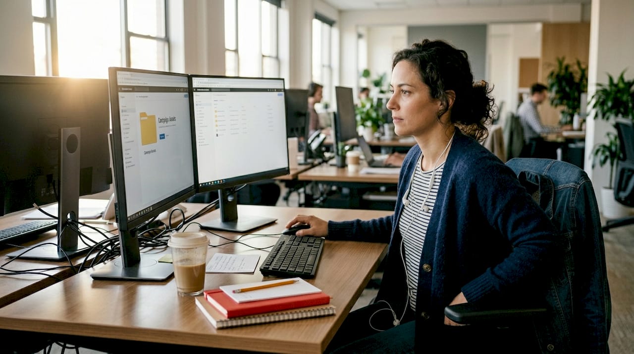 Project manager tagging media files at desk