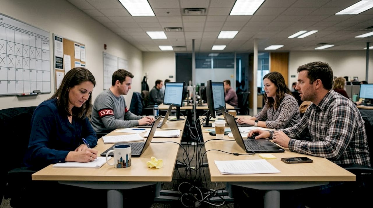 IT team collaborating in bright workspace