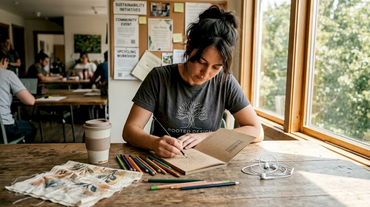 Designer wears organic cotton t-shirt sketching