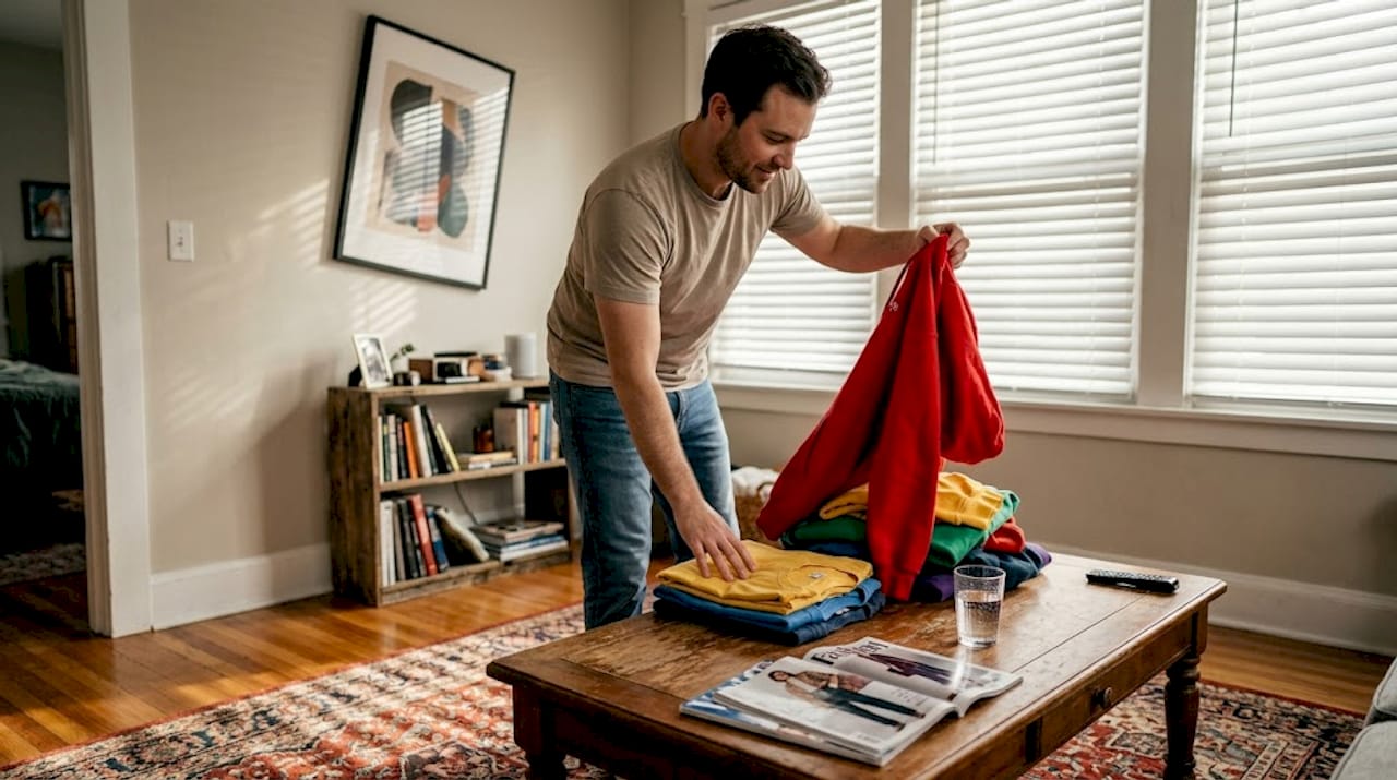 Man sorting colorful expressive shirts at home